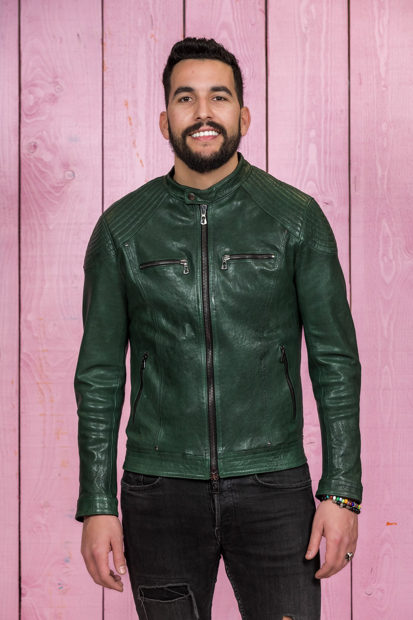 Front view of a model wearing the green Hich Limited leather jacket by Benheart, handcrafted in Florence, Italy.