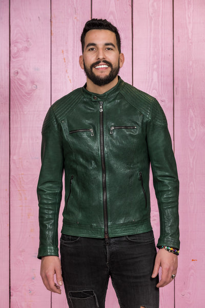Front view of a model wearing the green Hich Limited leather jacket by Benheart, handcrafted in Florence, Italy.