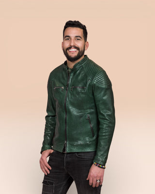 Front angled view of a model wearing the green Hich Limited leather jacket by Benheart.