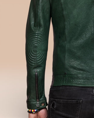 Close-up of the left sleeve of the green High Limited leather jacket by Benheart, showing zipper detail.