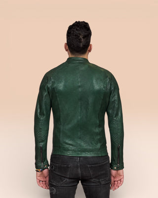 Back view of a model wearing the green Hich Limited leather jacket by Benheart.