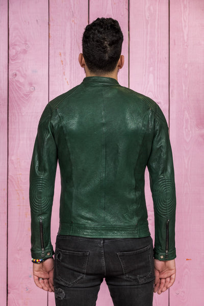 Back view of a model wearing the green Hich Limited leather jacket by Benheart.