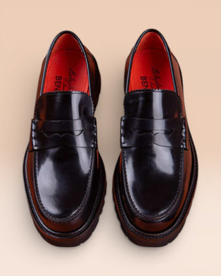 Benheart Ida Mocassino women’s penny loafers in polished black cordovan leather, top view.