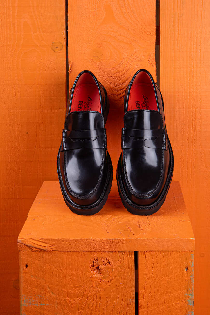 Benheart Ida Mocassino women’s penny loafers in polished black cordovan leather, top view.