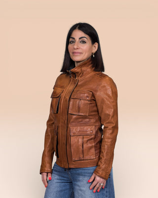 Ilary women's cuoio leather jacket, worn closed by model, front 3/4 view, handcrafted in Florence.
