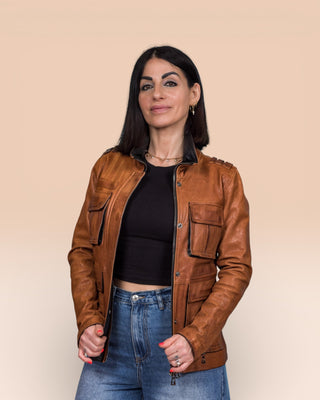 Ilary women's cuoio leather jacket, worn open by model, front view, handcrafted in Florence.