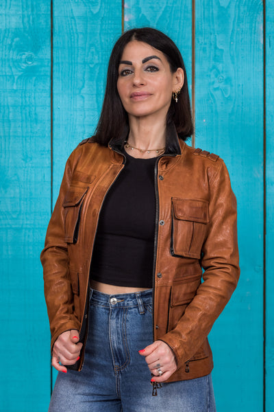 Ilary women's cuoio leather jacket, worn open by model, front view, handcrafted in Florence.