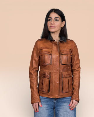 Ilary women's cuoio leather jacket, worn closed by model, front view, handcrafted in Florence.