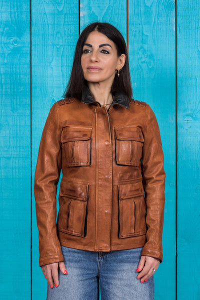 Ilary women's cuoio leather jacket, worn closed by model, front view, handcrafted in Florence.