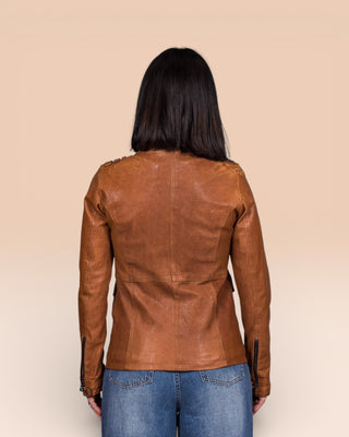 Back view of Ilary women's cuoio leather jacket by Benheart on model.