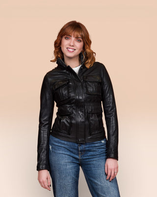 Ilary women's black leather jacket, worn closed by model, front view, handcrafted in Florence.
