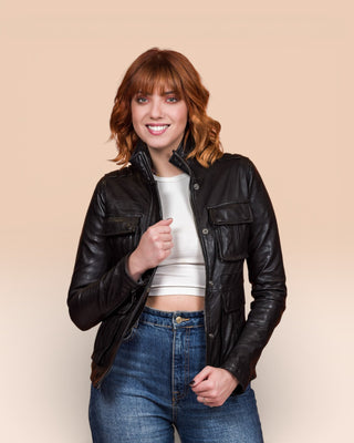 Ilary women's black leather jacket, worn open by model, front view, handcrafted in Florence.