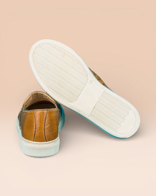 Rear view of Benheart Iris woven mahogany leather slip-on shoes, one showing the heel and the other the rubber sole.