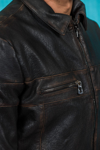 Detail of the front pocket zipper on the James Special goat leather jacket by Benheart.