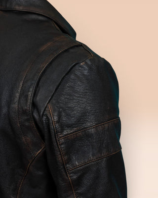 Rear detail of right shoulder on James Special black goat leather jacket by Benheart