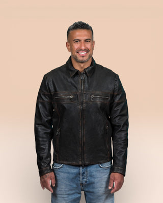 Front view of a model wearing the James Special goat leather jacket by Benheart, handcrafted in Florence, Italy, in black.