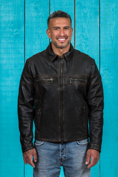 Front view of a model wearing the James Special goat leather jacket by Benheart, handcrafted in Florence, Italy, in black.
