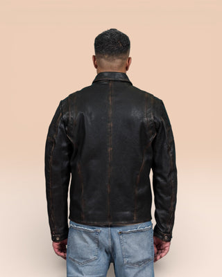 Model shown from the back wearing the black James Special goat leather jacket by Benheart, handcrafted in Italy.