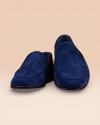 Benheart Kuma blue men's suede Venetian loafers with low tapered heel, front view.