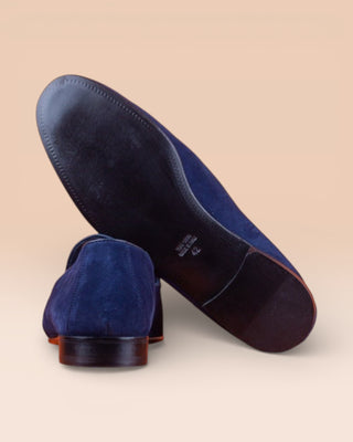 Benheart Kuma blue men's suede Venetian loafers with low tapered heel, rear view showing heel and sole.