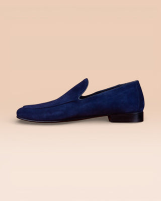 Benheart Kuma men’s blue suede Venetian loafers with low tapered heel, side view.