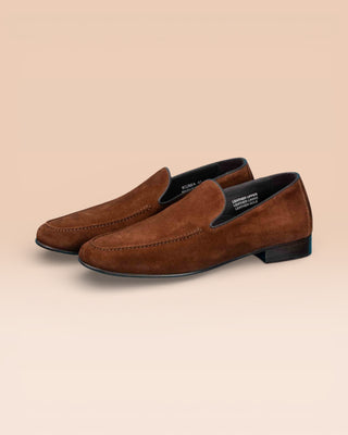 Benheart Kuma ruggine rust men's suede Venetian loafers with low tapered heel, front angled view.
