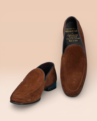Benheart Kuma ruggine rust men's suede loafers with low tapered heel, front angled and top view.