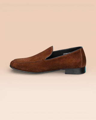 Benheart Kuma men’s ruggine rust suede Venetian loafers with low tapered heel, side view.