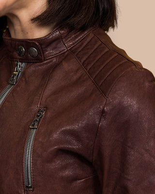 Lory women's brown leather biker jacket, close-up of left shoulder, pocket and front zippers, 3/4 view.