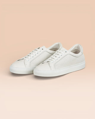front angled view of Benheart Lario unisex white perforated leather low-top sneakers