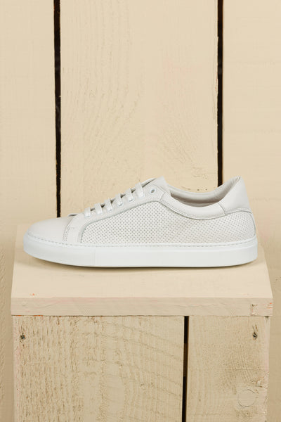 Benheart Lario unisex white perforated leather low-top sneakers, side view.