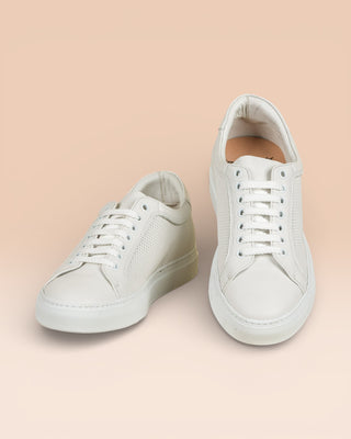 Front angled and top view of Benheart Lario unisex perforated leather sneakers shoes in white color.