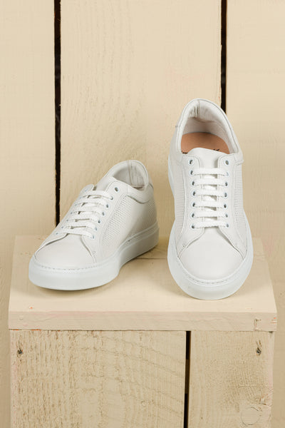 Front angled and top view of Benheart Lario unisex perforated leather sneakers shoes in white color.