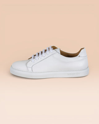Benheart Leclerc men’s white leather low-top sneakers, side view.
