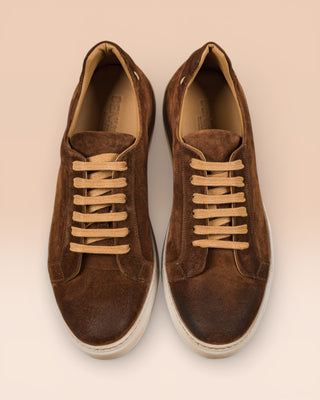 Benheart Leclerc men’s brown suede leather low-top sneakers, top view.