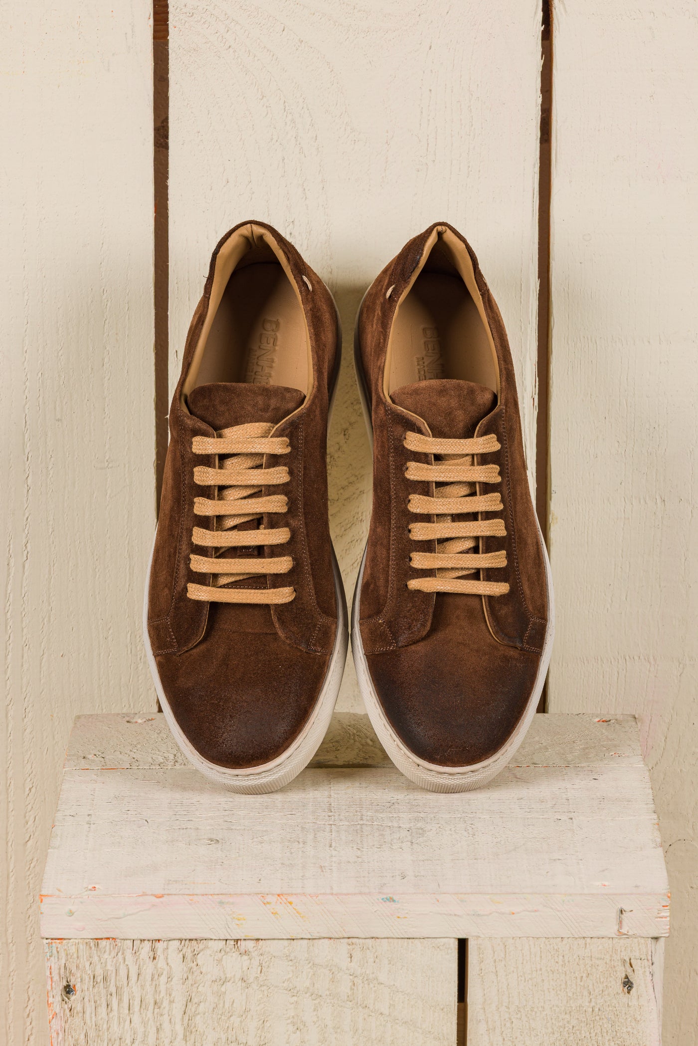 Benheart Leclerc men’s brown suede leather low-top sneakers, top view.