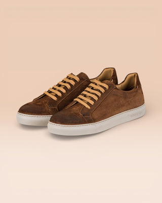 Benheart Leclerc men’s brown suede leather low-top sneakers, front angled view.