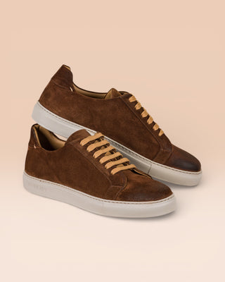 Benheart Leclerc men’s brown suede leather low-top sneakers, side angled view.