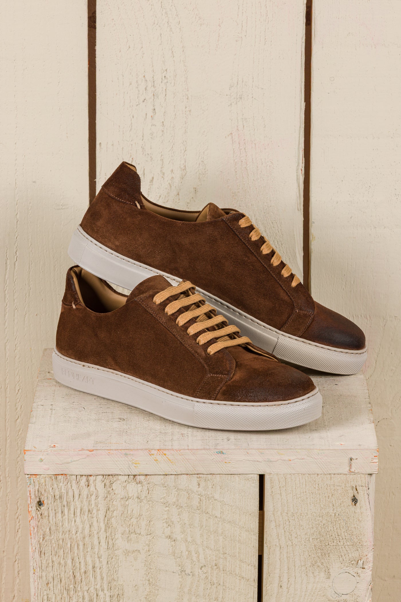 Benheart Leclerc men’s brown suede leather low-top sneakers, side angled view.