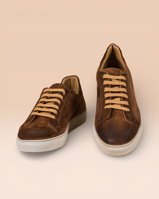 Benheart Leclerc men’s brown suede leather low-top sneakers, front angled and top view.