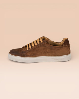 Benheart Leclerc men’s brown suede leather low-top sneakers, side view.