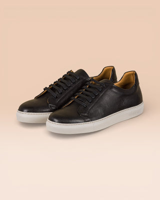 Benheart Leclerc men’s black leather low-top sneakers, front angled view.