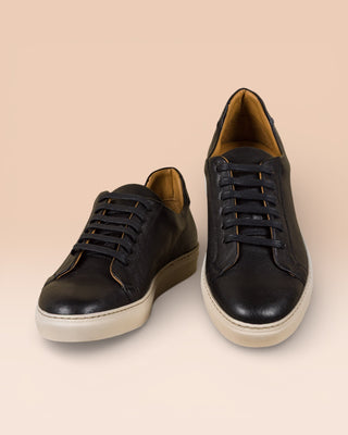 Benheart Leclerc men’s black leather low-top sneakers, front angled and top view.