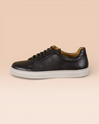 Benheart Leclerc men’s black leather low-top sneakers, side view.