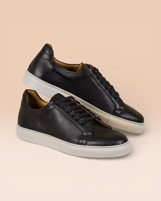 Benheart Leclerc men’s black leather low-top sneakers, side angled view.