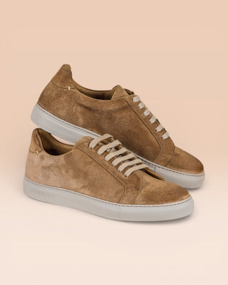 Benheart Leclerc men’s taupe suede leather low-top sneakers, side angled view.
