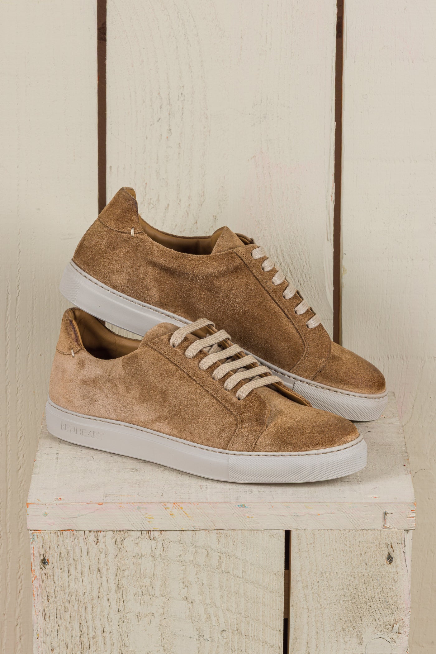 Benheart Leclerc men’s taupe suede leather low-top sneakers, side angled view.
