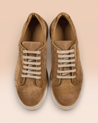 Benheart Leclerc men’s taupe suede leather low-top sneakers, top view.