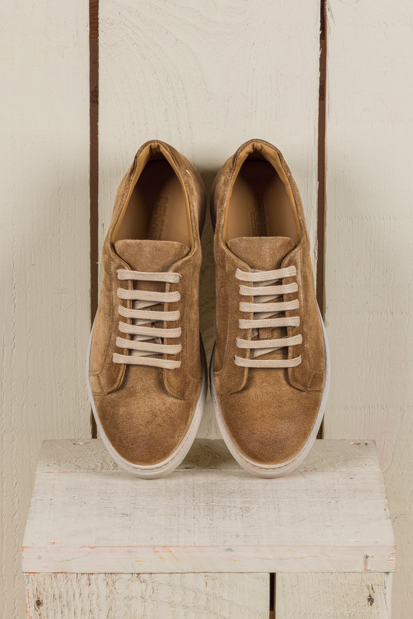 Benheart Leclerc men’s taupe suede leather low-top sneakers, top view.