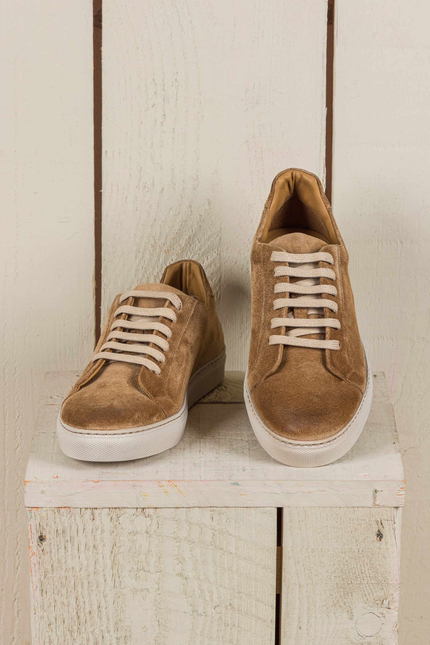 Benheart Leclerc men’s taupe suede leather low-top sneakers, front angled and top view.